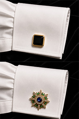 Comparison of men's cuff links showing loud novelty cuff links versus tasteful reserved cuff links with a French cuff shirt.