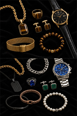 Comparison of men's jewelry colors showing poor metal and stone matching versus coordinated gold Tiger Eye and earth tone jewelry.