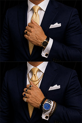 Business jewelry comparison showing an overloaded professional look versus a refined look with tasteful watch ring and cuff links.
