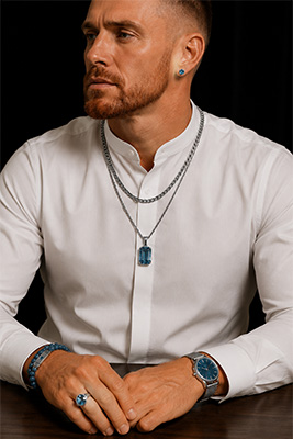 Date night jewelry comparison showing random mixed jewelry versus a coordinated masculine look with watch bracelet stack rings earrings and chains.