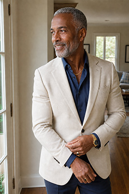 Confident mature man with exceptionally healthy skin fully dressed and standing in natural light