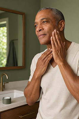 Mature man applying Forge Tallow moisturizer to his face, jawline, and neck