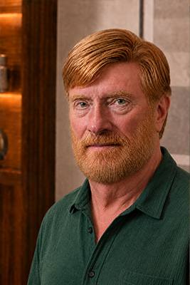 Mature man with healthy skin but a prominent neck wattle and softened jawline