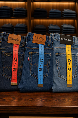 A man comparing three pairs of jeans from different brands with different size labels that all fit him properly