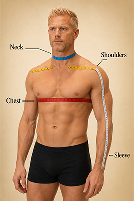 Instructional diagram showing where to take a man's neck, chest, shoulder, and sleeve measurements