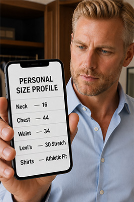 A well-dressed man consulting a simple Personal Size Profile on his phone while wearing clothes that fit beautifully