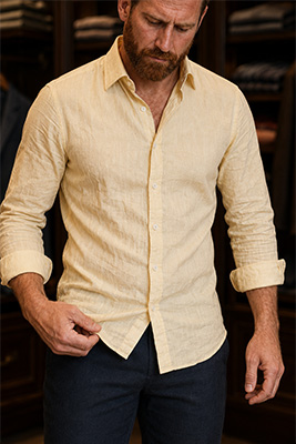 The same man compares an attractive natural-fiber shirt with an identically styled blended shirt after wear