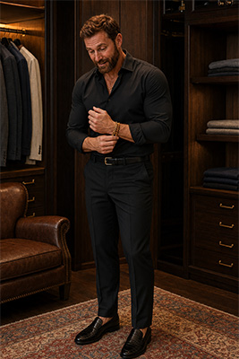 A confident well-groomed mature man looking exceptional in a wrinkle-free black polyester outfit with refined gold jewelry