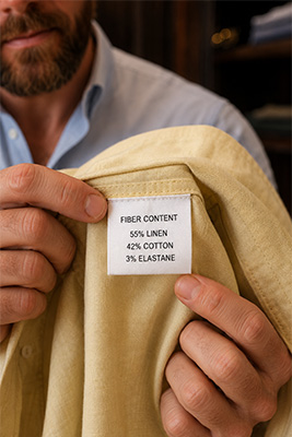 Matching garment labels show fiber composition and the washing and drying instructions required for proper care