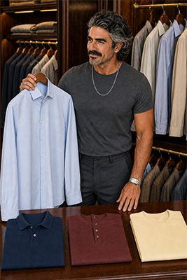A mature Brazilian man comparing a button-up shirt, polo, henley, and crew-neck T-shirt