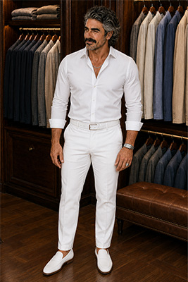 The same mature man compares the visual effect of an all-white outfit with an all-black outfit