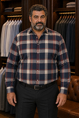 The same larger man compares a large plaid shirt with a streamlined dark solid layered outfit