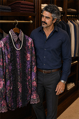 A masculine mature man compares his restrained navy shirt with an ornate floral-and-lace shirt displayed with PEARLS