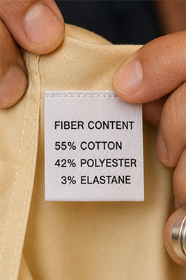 Close views of a shirt's fiber-content label and its separate laundering instructions