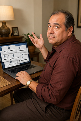 Frustrated mature man surrounded by password requests while trying to access his computer