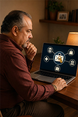 Man protecting his primary email account as the master key to his banking, shopping, medical, and business accounts