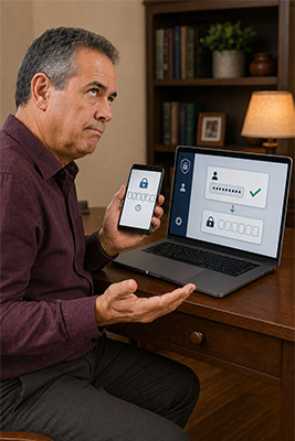 Annoyed man retrieving a temporary verification code from his phone after already entering the correct password