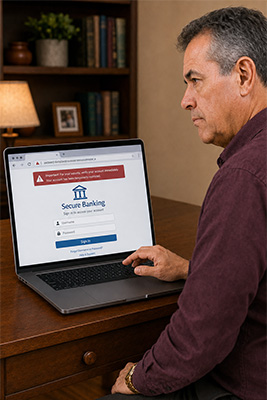 Man recognizing a convincing fake banking login page designed to steal his password