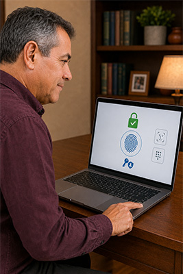 Man using a fingerprint scanner and passkey to access an online account without typing a password
