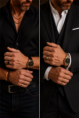 Close-up of men's rings showing different widths and proportions on a hand