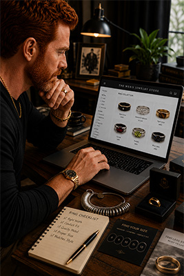 Man browsing affordable men's rings online with a ring sizing tool nearby