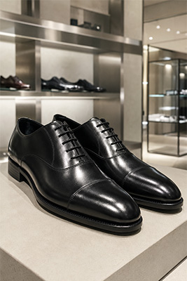 Polished black men's dress shoes representing the principal types of adult men's footwear