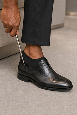 A man trying on poorly fitted shoes that crowd his toes, press across his instep, and allow excessive heel movement