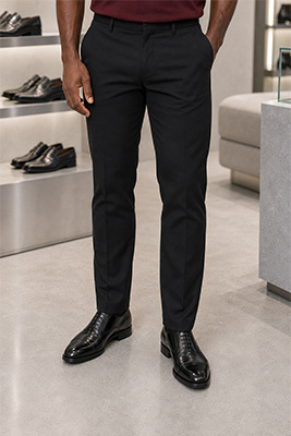 Well-fitted tapered trousers falling cleanly over refined polished men's shoes