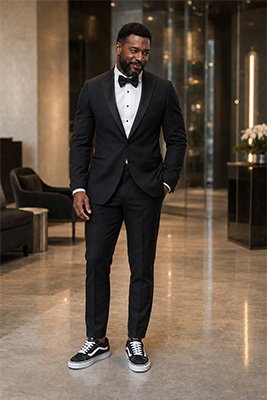 A formally dressed man wearing conspicuous sneakers with an otherwise elegant black tuxedo