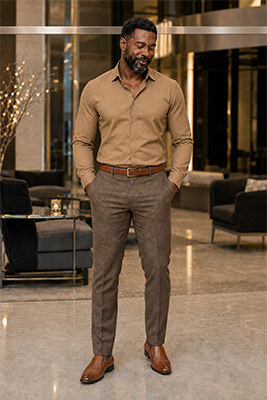 A stylish man standing at five feet ten inches while wearing conventional men's dress shoes