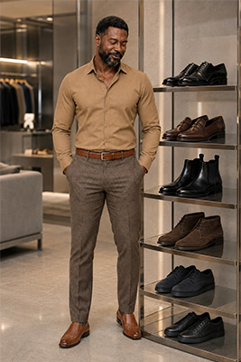 A confident well-dressed man beside an organized collection of dress shoes, loafers, casual shoes, boots, and one discreet pair of sneakers