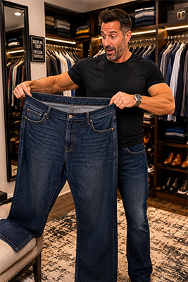 Man looking at oversized jeans after losing weight