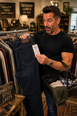 Man shopping for jeans in a thrift store during weight loss