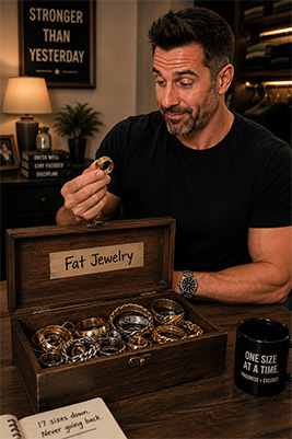 Box of oversized rings and bracelets from before major weight loss