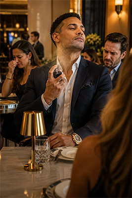 Well-dressed man wearing too much cologne in an upscale restaurant while nearby people react subtly to the strong scent.