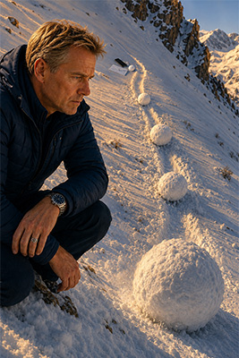 Small snowball becoming an enormous two-ton threat as it rolls down a mountain