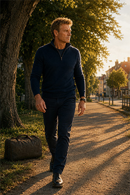 Man setting down a heavy burden that does not belong to today and walking forward calmly