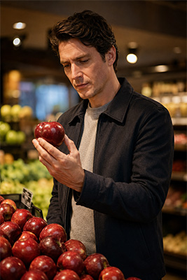Man looking at an apple in the grocery store
