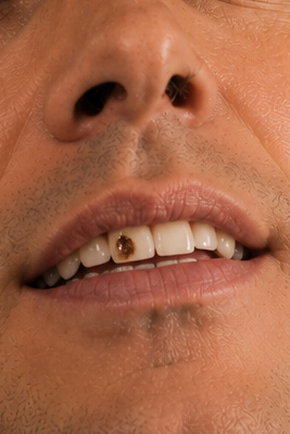 Man smiling in a mirror with food stuck between his teeth