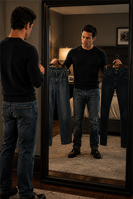Man comparing poorly fitting jeans with tailored jeans in a full length mirror