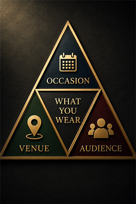 Elegant triangle graphic showing occasion, venue, and audience as the three things that determine what a man wears.
