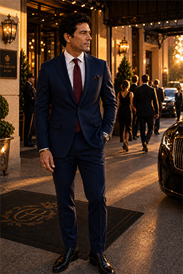 Confident well-dressed man arriving at an upscale event after preparing appropriately for the occasion.