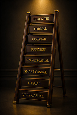 Elegant triangle graphic showing occasion, venue, and audience as the three things that determine what a man wears.