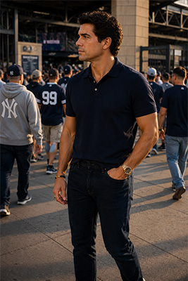 Mature man dressed neatly for a sporting event without wearing oversized logos or team merchandise.