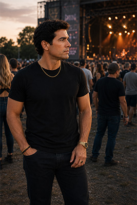 Well-dressed man attending an evening concert in attire appropriate for the venue and audience.