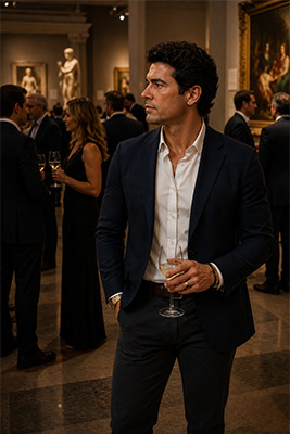 Polished man attending an upscale museum fundraiser where the venue and occasion require elevated attire.