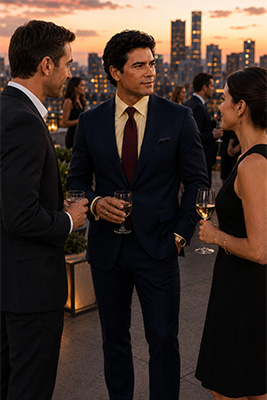 Well-dressed man attending an upscale cocktail party dressed appropriately and confidently.