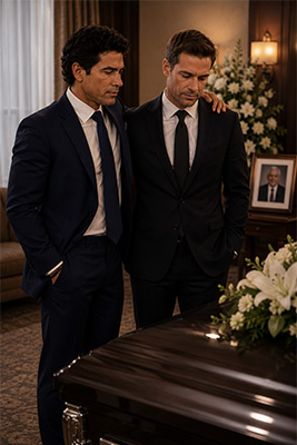 Respectfully dressed man attending a funeral in conservative attire.