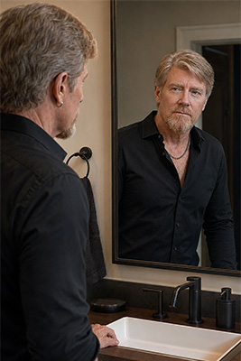 Doug looking unhappily into a mirror with his hair and Van Dyke mostly gray
