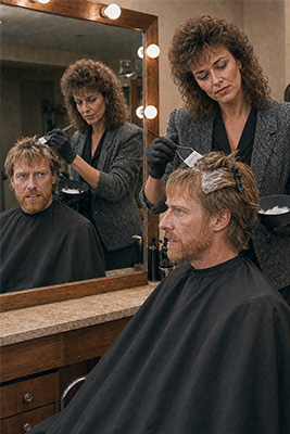 Professional colorist precisely applying strawberry-blond hair color to Doug in a restrained salon